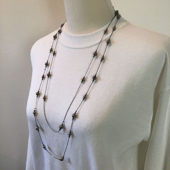 Beaded Necklace 34 inch Double Layer Triangle Chain Dark Gray Silver Tone - Picture 5 of 11